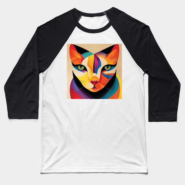 Cat in Colourful Abstract Baseball T-Shirt by Geminiartstudio